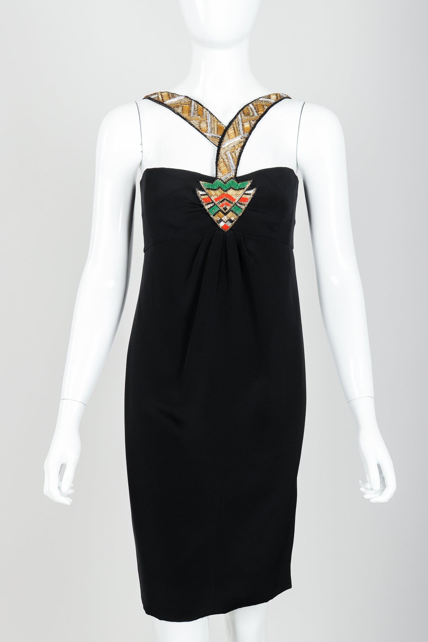 Vintage Bernard Perris Beaded Grecian Neck Cocktail Dress on Mannequin front crop at Recess