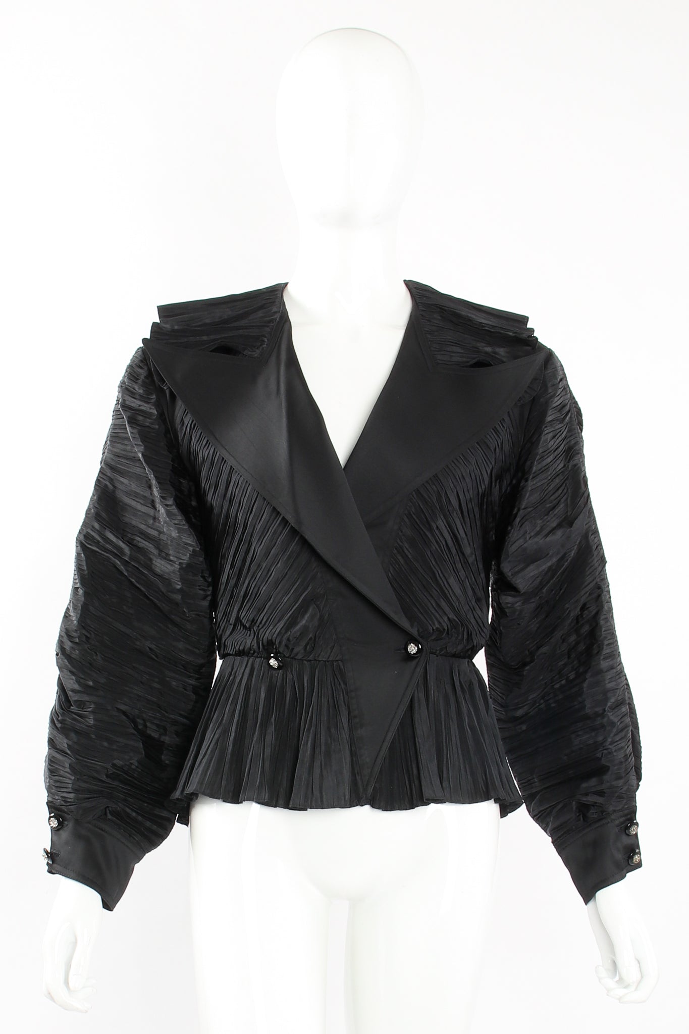 Vintage Bernard Perris Pleated Peplum Collar Jacket on Mannequin front at Recess Los Angeles