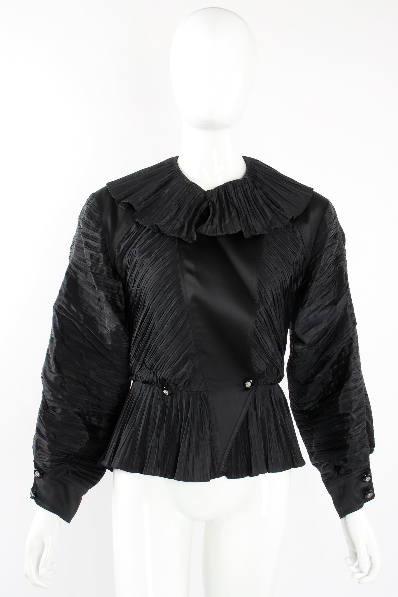 Vintage Bernard Perris Pleated Peplum Collar Jacket on Mannequin collar at Recess Los Angeles