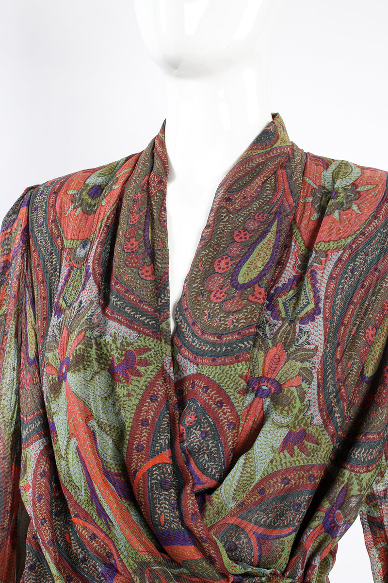 Vintage Bill Blass Paisley Draped Wrap Blouse on Mannequin neckline at Recess Los Angeles