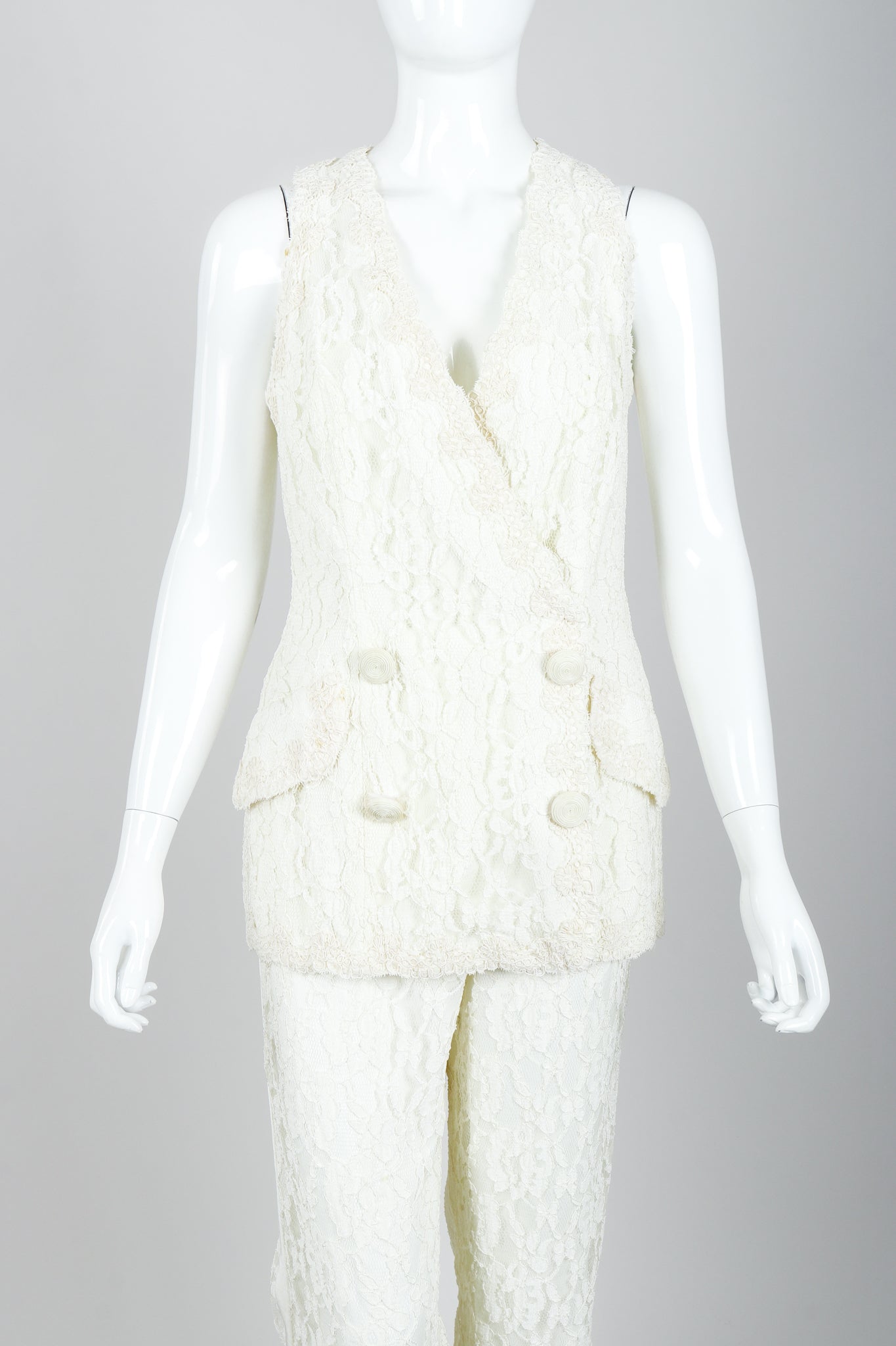 Vintage Bill Blass Lace Tuxedo Vest Suit Bridal on Mannequin Front Crop at Recess LA