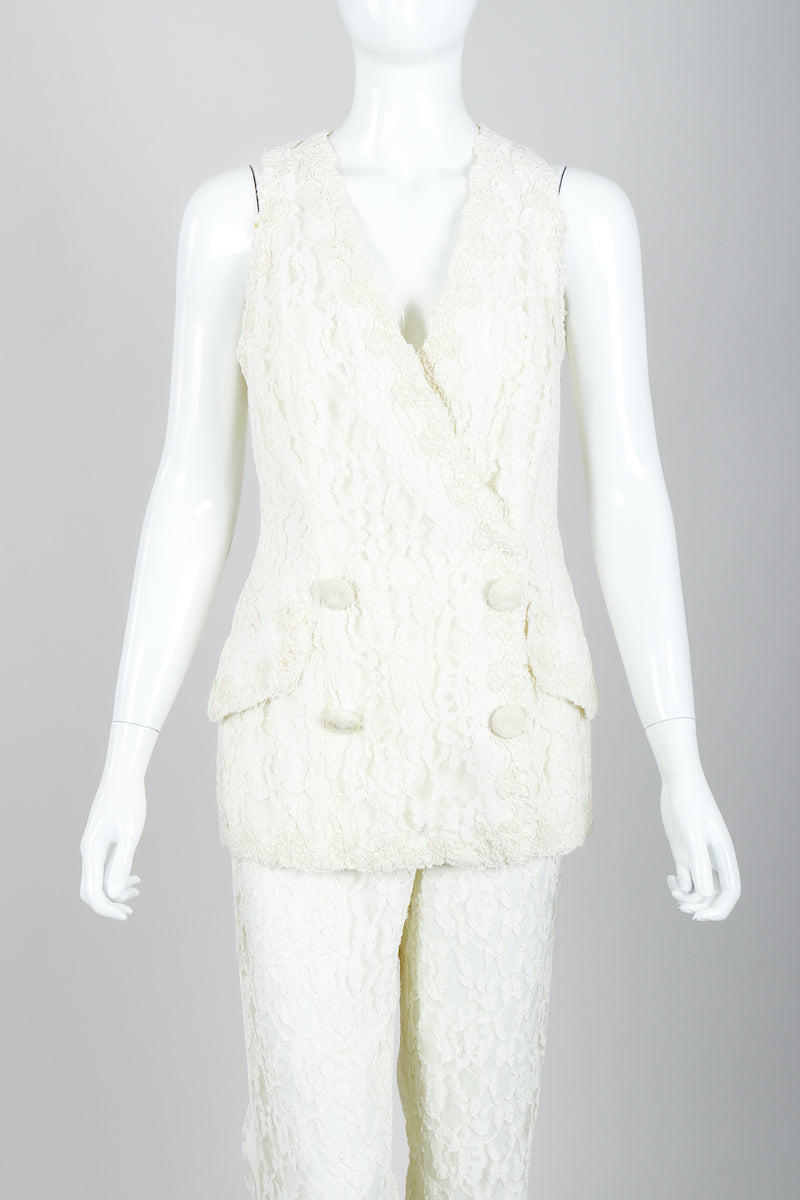 Vintage Bill Blass Lace Tuxedo Vest Suit Bridal on Mannequin Front Crop at Recess LA