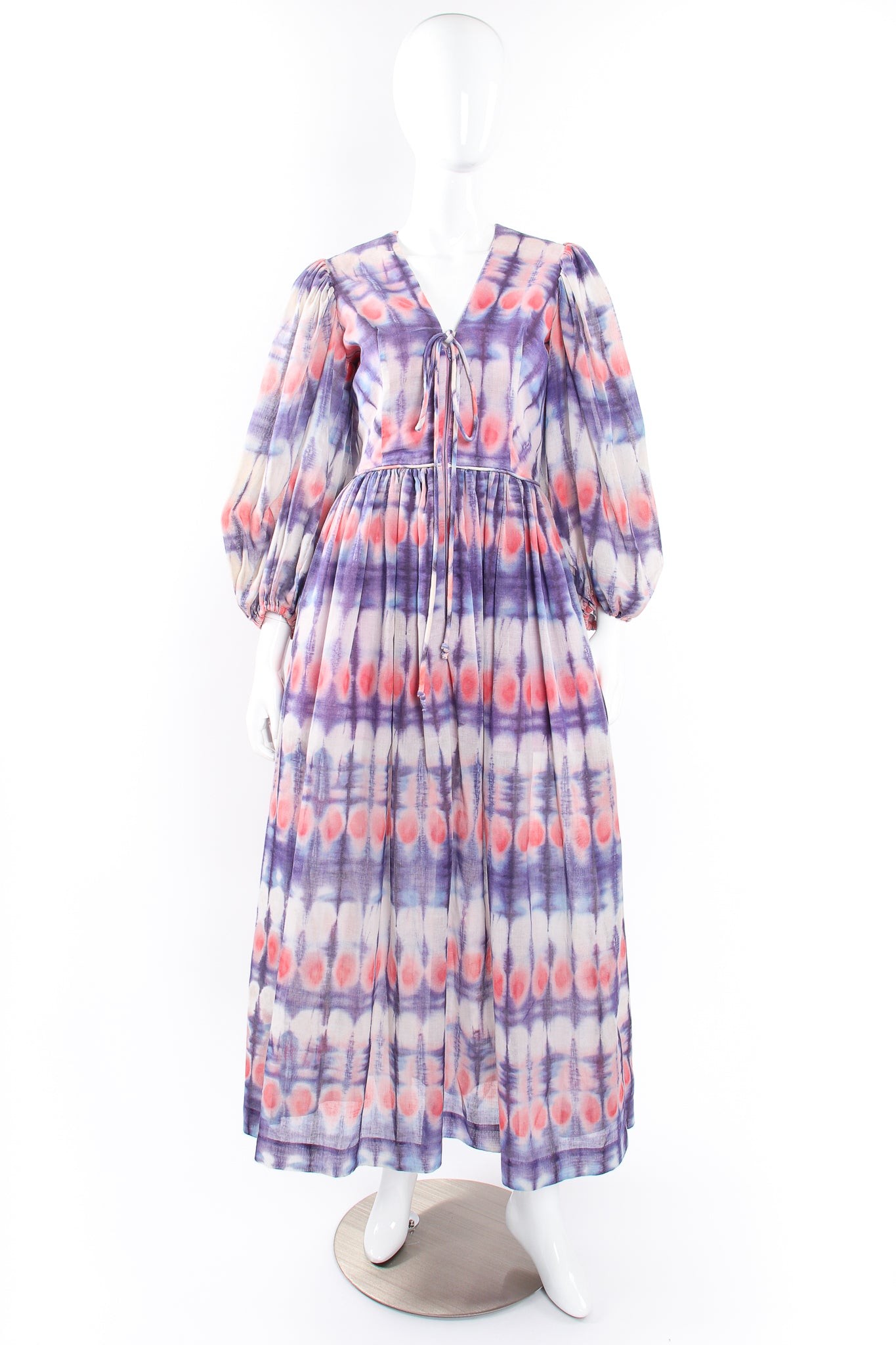 Vintage Bill Tice Royal Robes Magnin Tie Dye Balloon Sleeve Dress on Mannequin front @ Recess LA