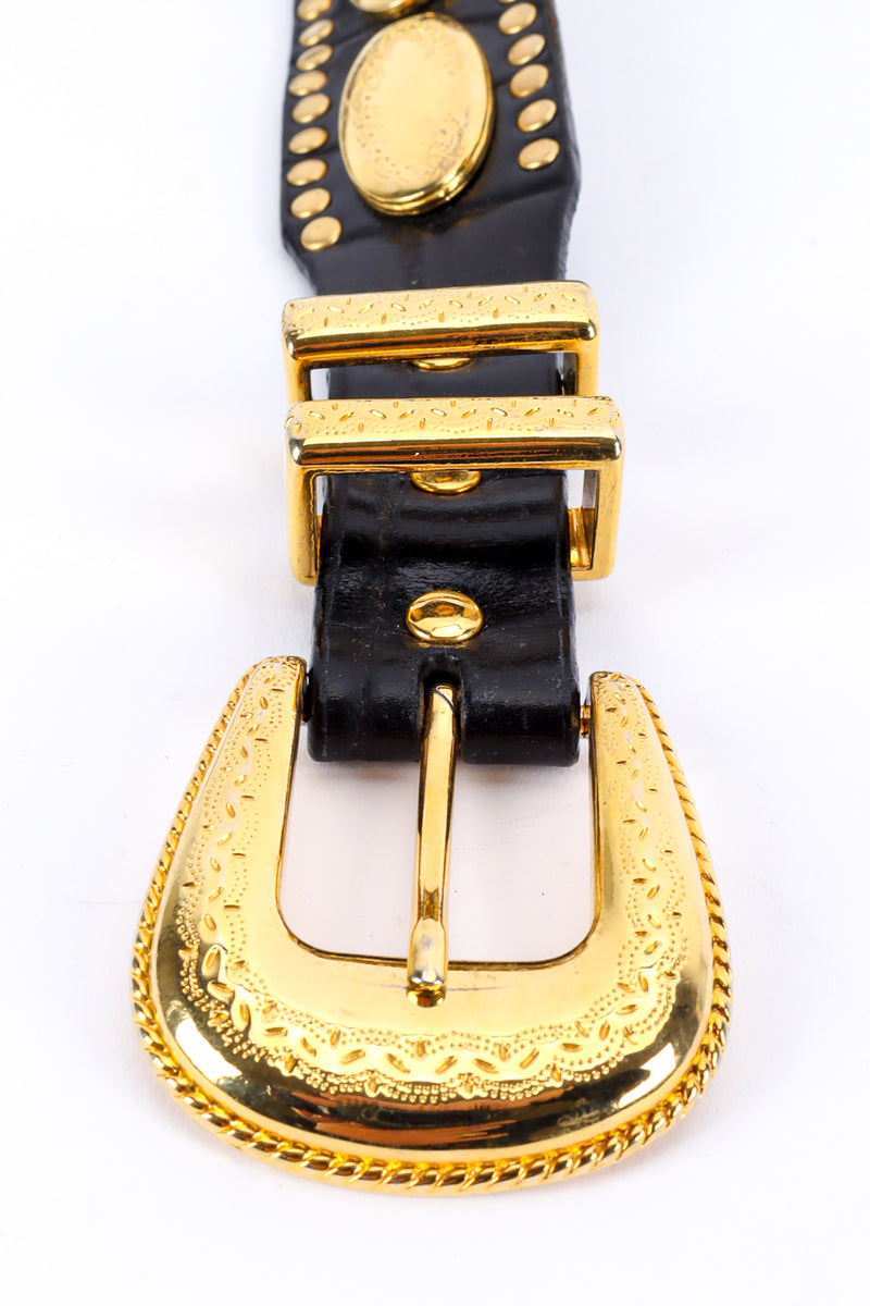 Vintage gold metal tone oval filigree-studded leather belt flat lay buckle details. @recessla