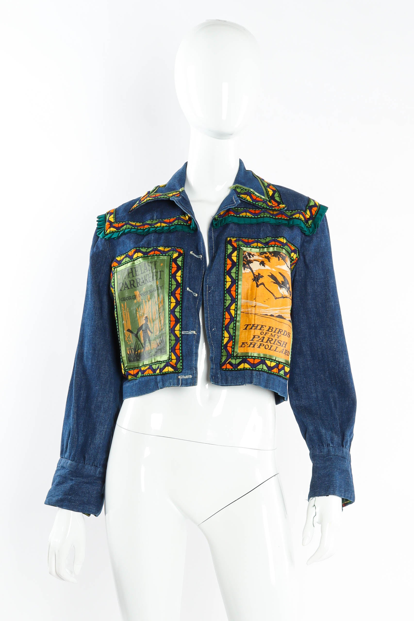 Vintage Helen Neufeld BookJacket Traveling Birds Denim Jacket mannequin front @ Recess Los Angeles