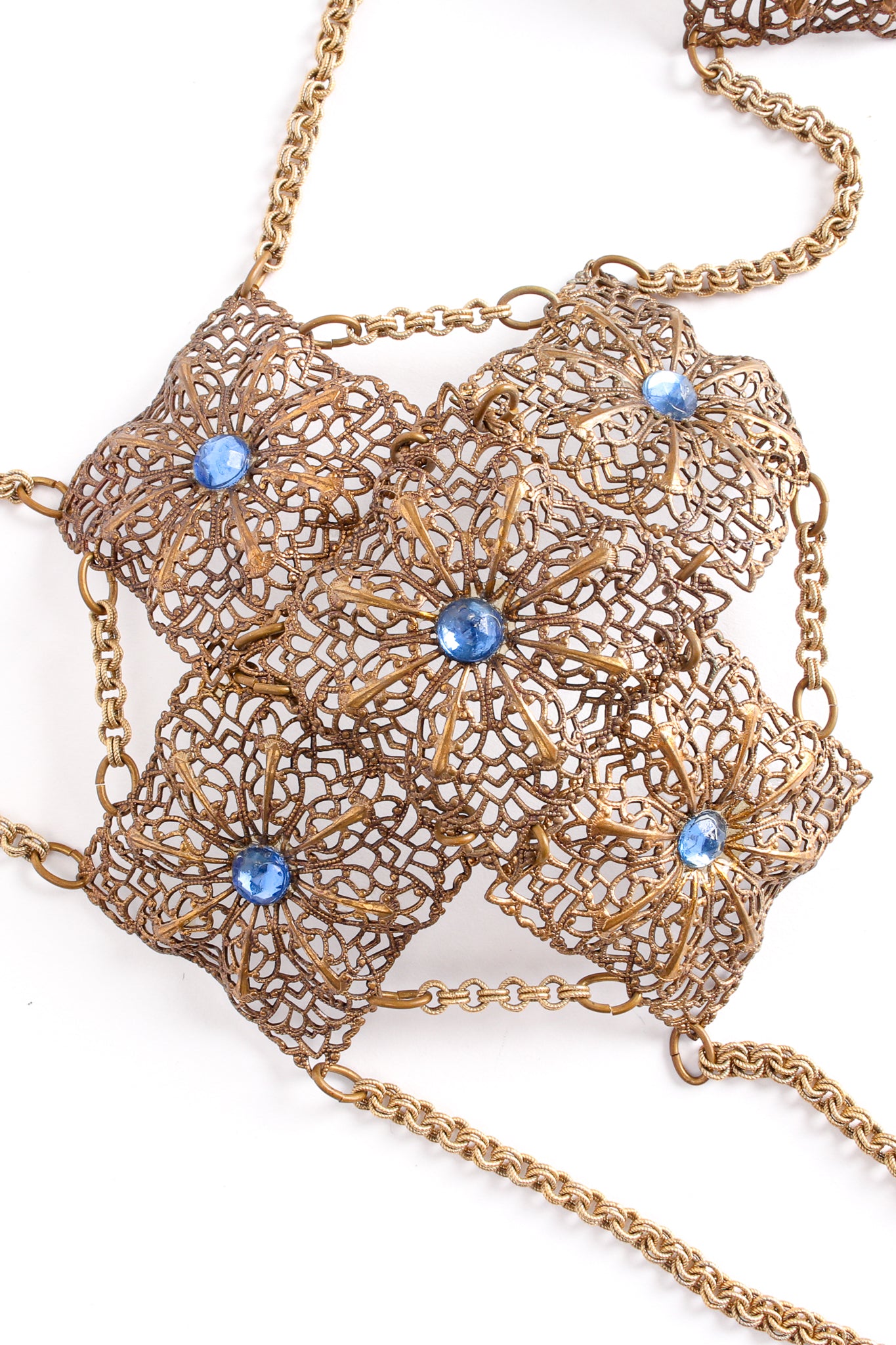 Vintage Antique Brass Filigree Plate Chain Bra Top detail at Recess Los Angeles