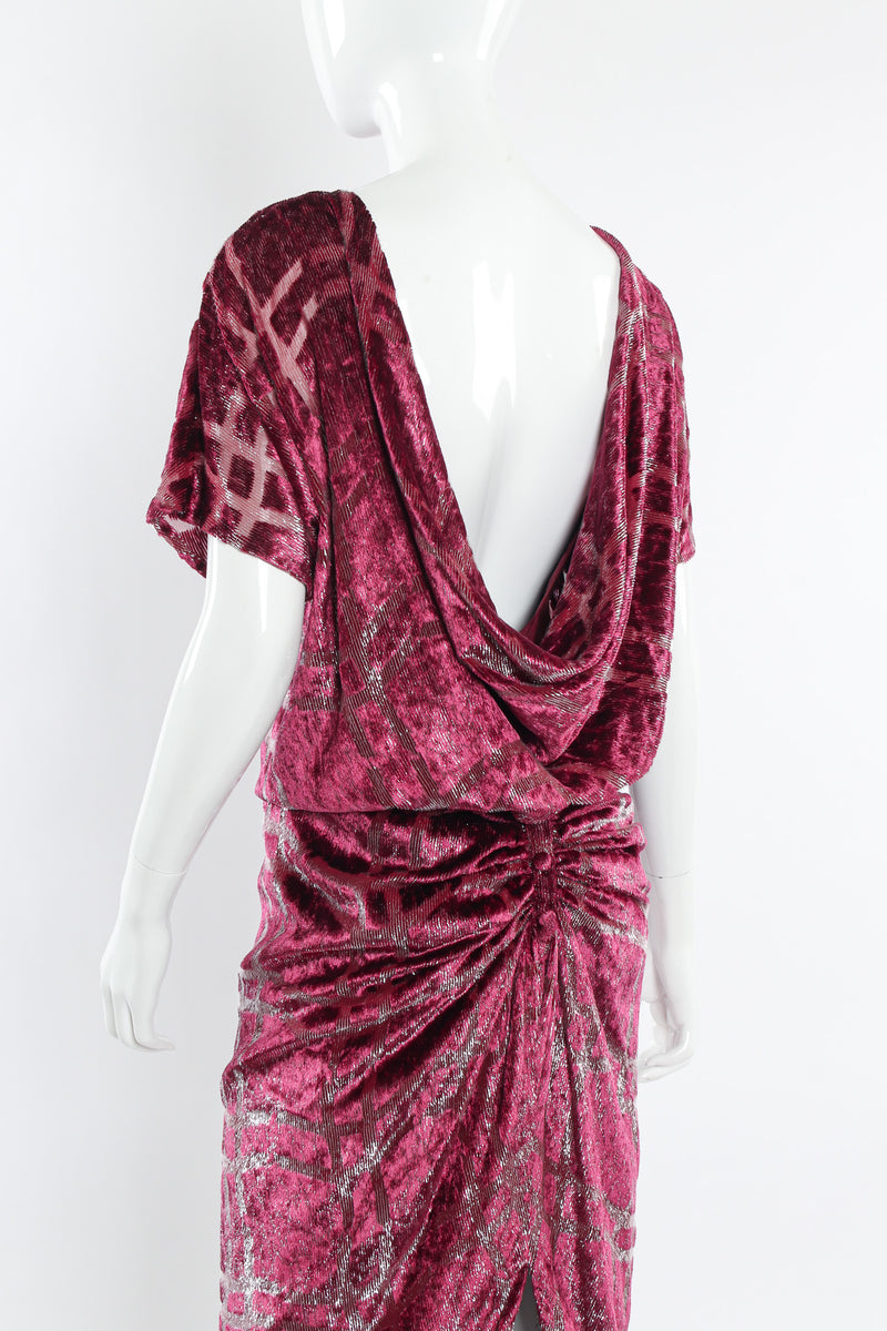 Vintage Bruce Oldfield Metallic Velvet Burnout Dress mannequin back shoulder close @ Recess LA