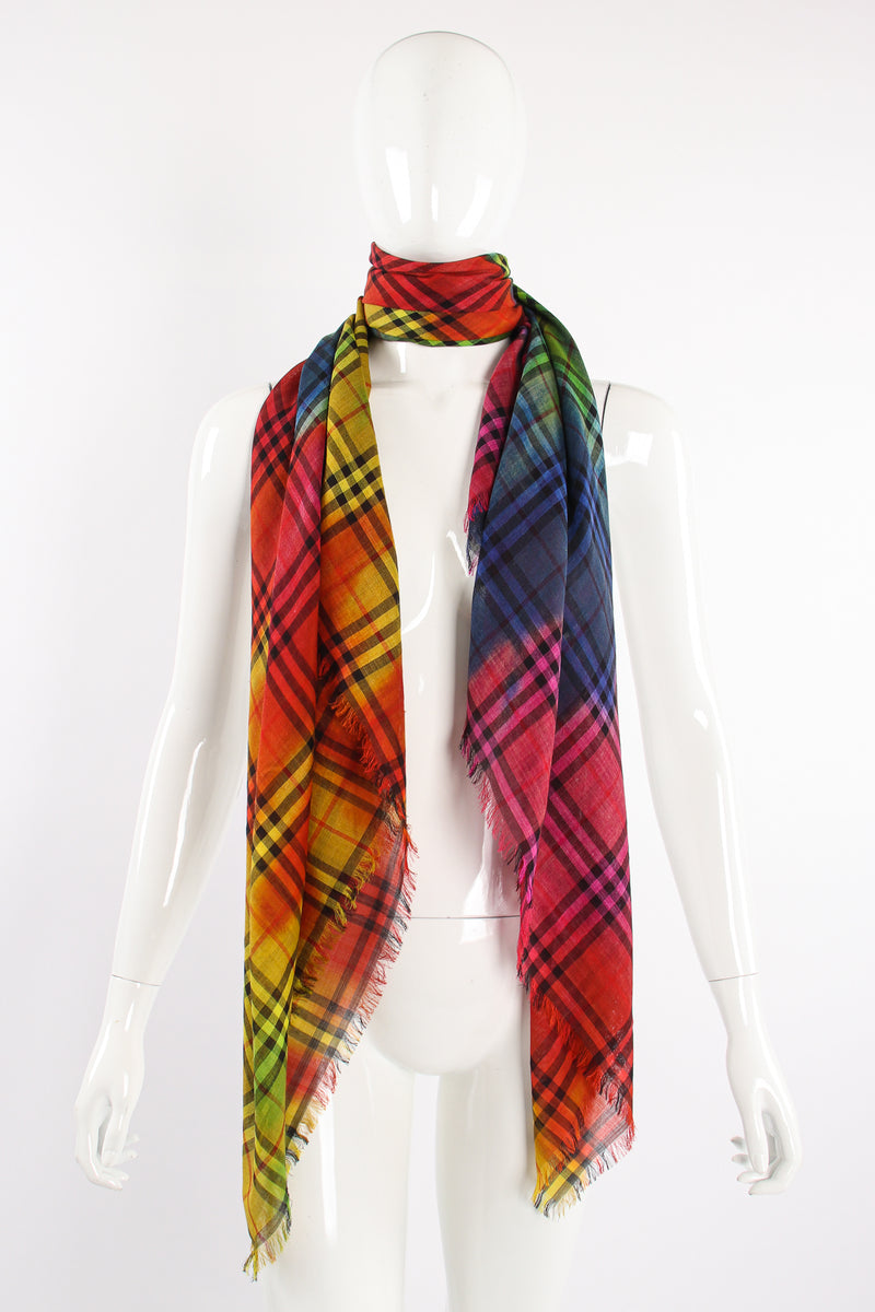 Vintage Burberry Rainbow Tie Dye Plaid Scarf on Mannequin at Recess Los Angeles