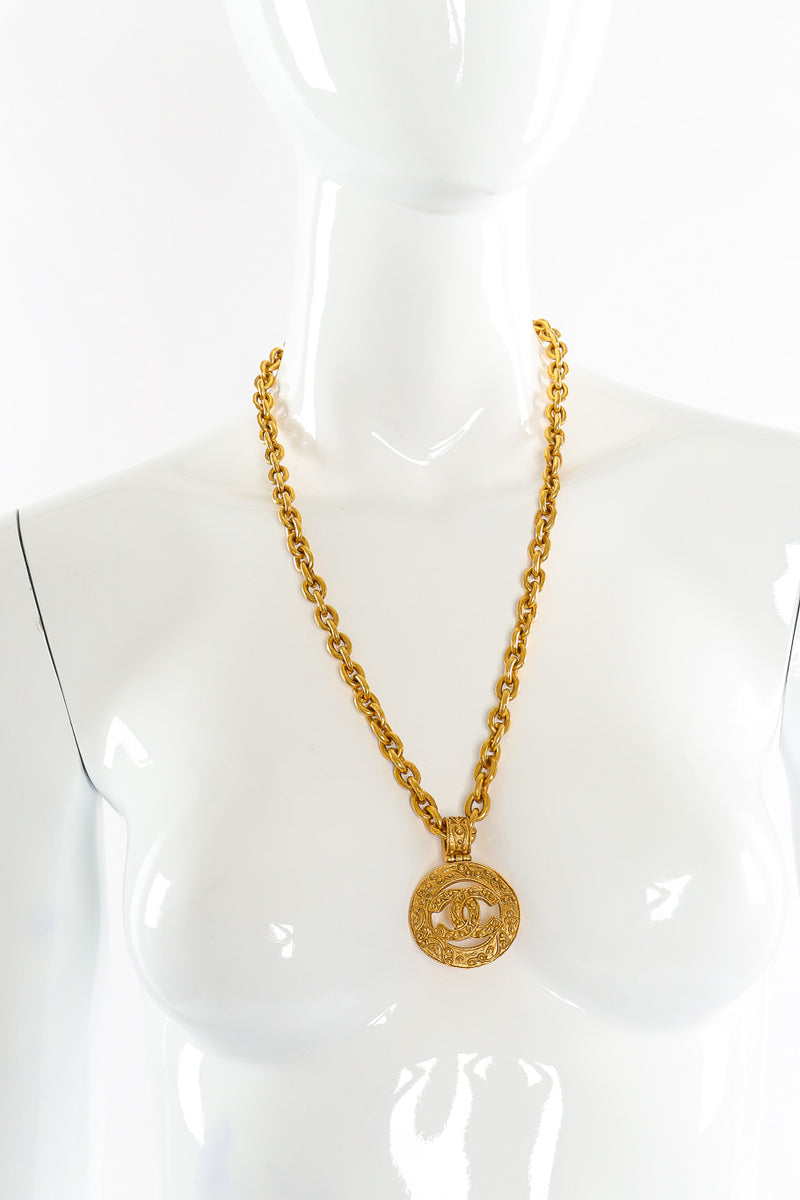 Vintage Chanel Brocade CC Pendant Necklace on mannequin @recessla