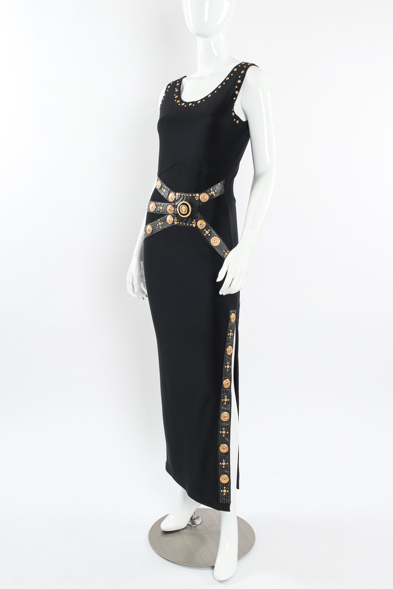 Vintage Caché Lion Emblem & Coin Bodycon Dress mannequin front angle @ Recess LA