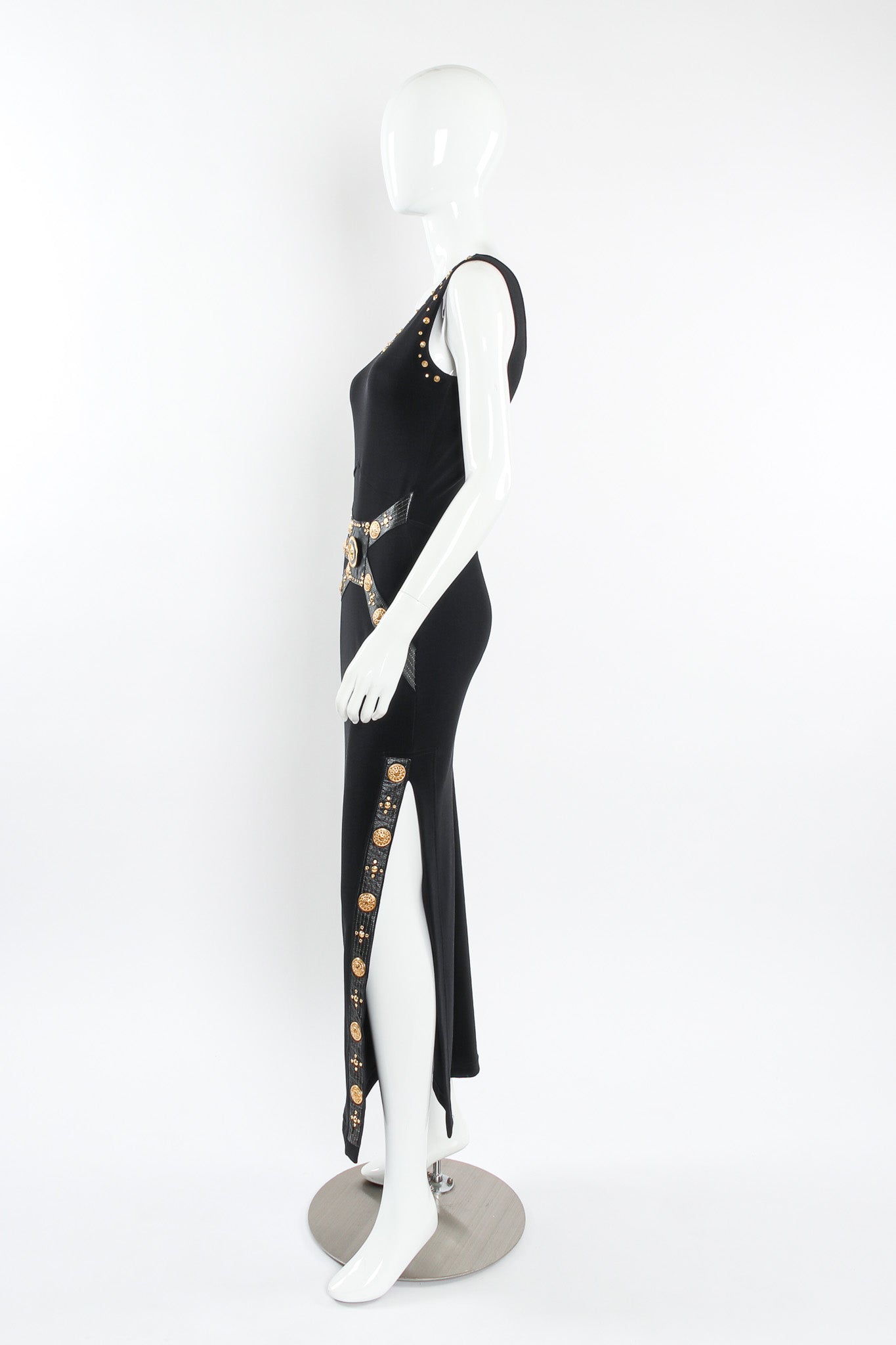 Vintage Caché Lion Emblem & Coin Bodycon Dress mannequin side slit @ Recess LA