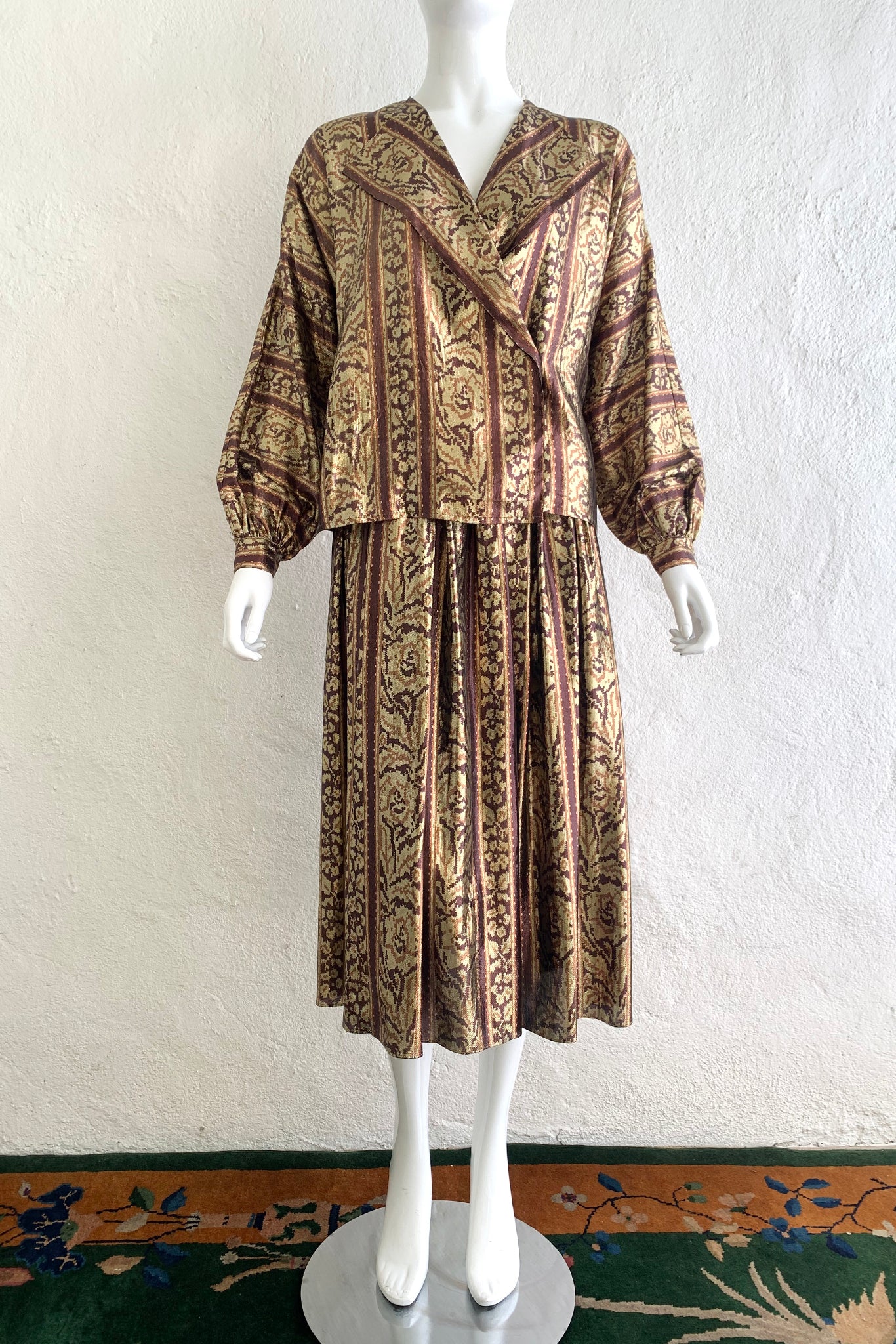 Vintage Calvin Klein Metallic Ikat Wrap Blouse & Skirt Set on Mannequin Untuck at Recess