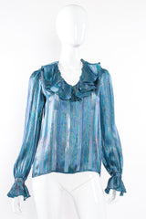 Vintage Carlisle Sheer Paisley Stripe Silk Ruffle Blouse on mannequin front at Recess LA