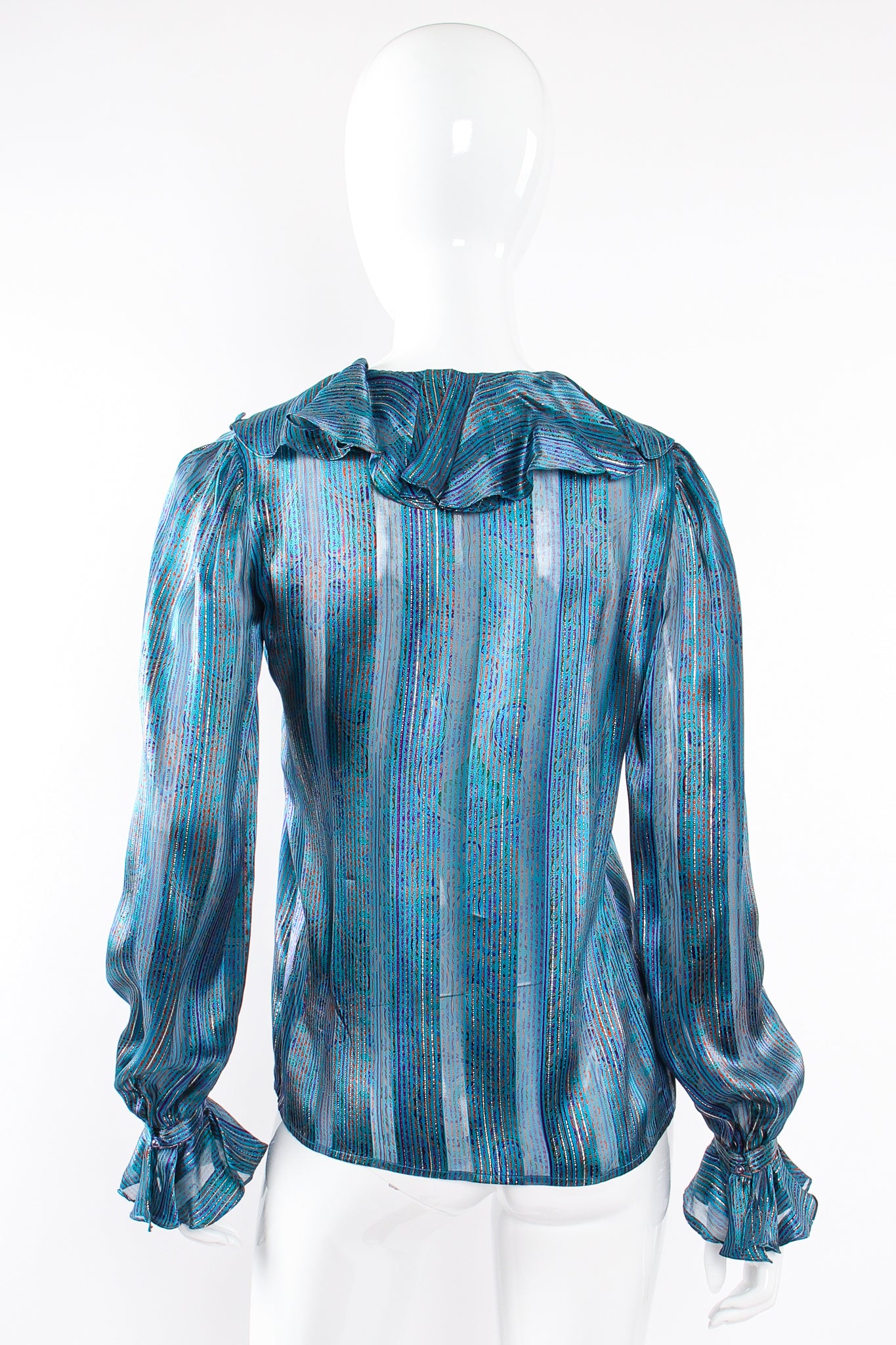 Vintage Carlisle Sheer Paisley Stripe Silk Ruffle Blouse on mannequin back at Recess LA