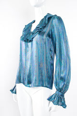 Vintage Carlisle Sheer Paisley Stripe Silk Ruffle Blouse on mannequin front angle at Recess LA