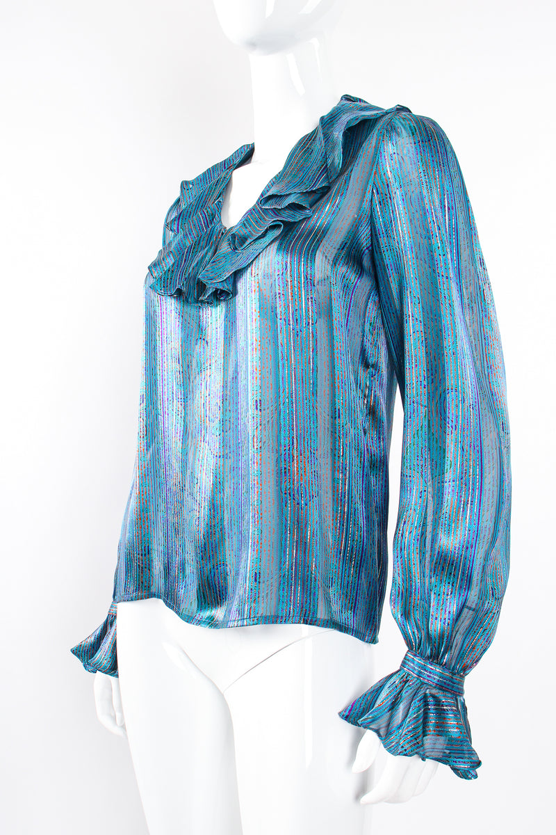 Vintage Carlisle Sheer Paisley Stripe Silk Ruffle Blouse on mannequin front angle at Recess LA