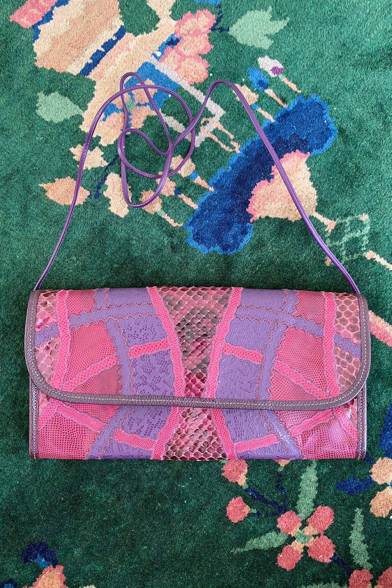 Vintage Carlos Falchi Pink Purple Lizard Snake Patchwork Clutch Flat at Recess Los Angeles