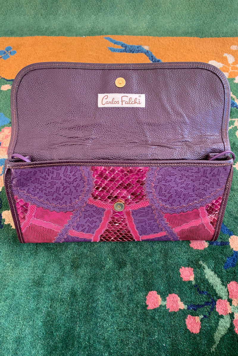 Vintage Carlos Falchi Pink Purple Lizard Snake Patchwork Clutch Inside Flap at Recess Los Angeles