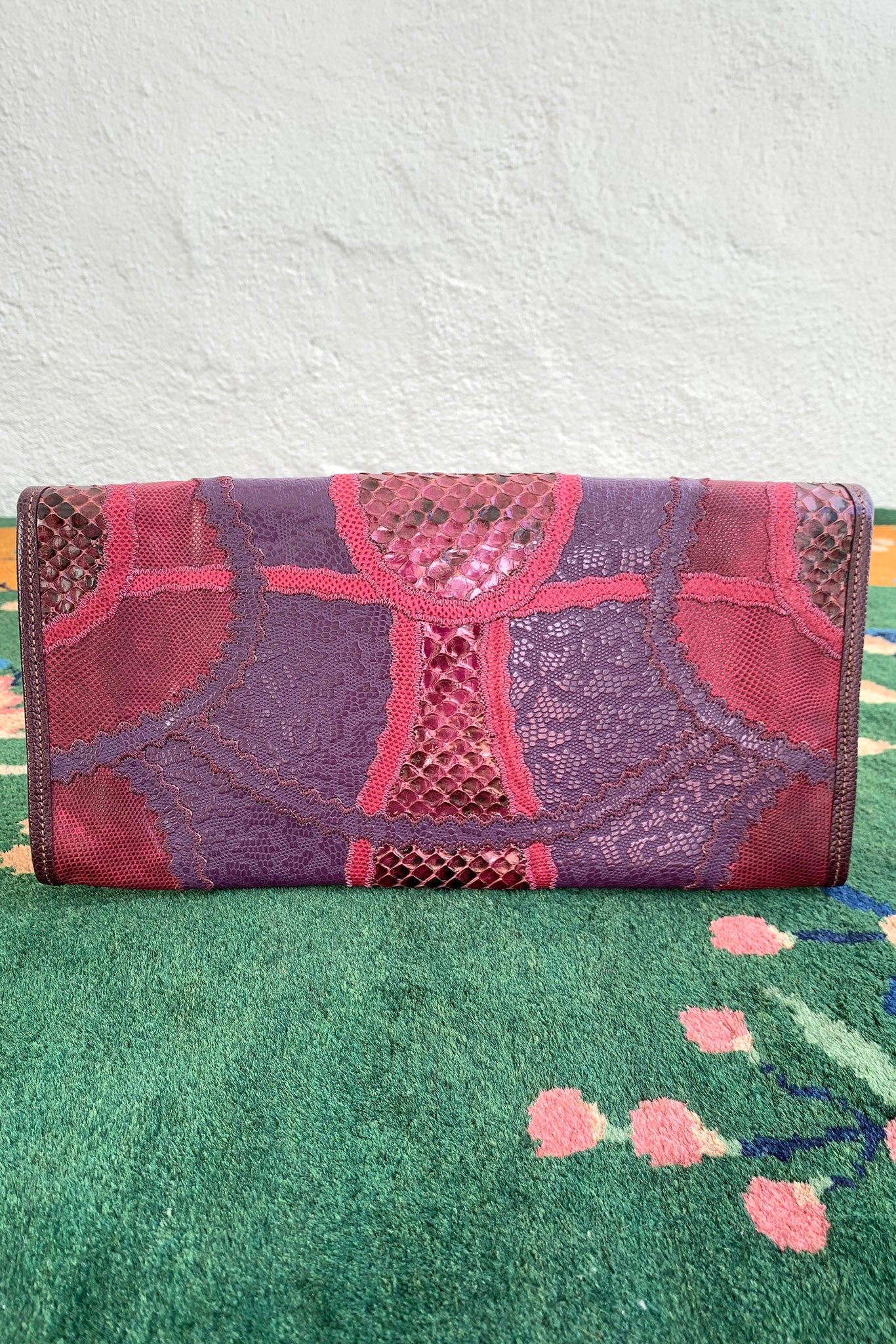 Vintage Carlos Falchi Pink Purple Lizard Snake Patchwork Clutch Back at Recess Los Angeles