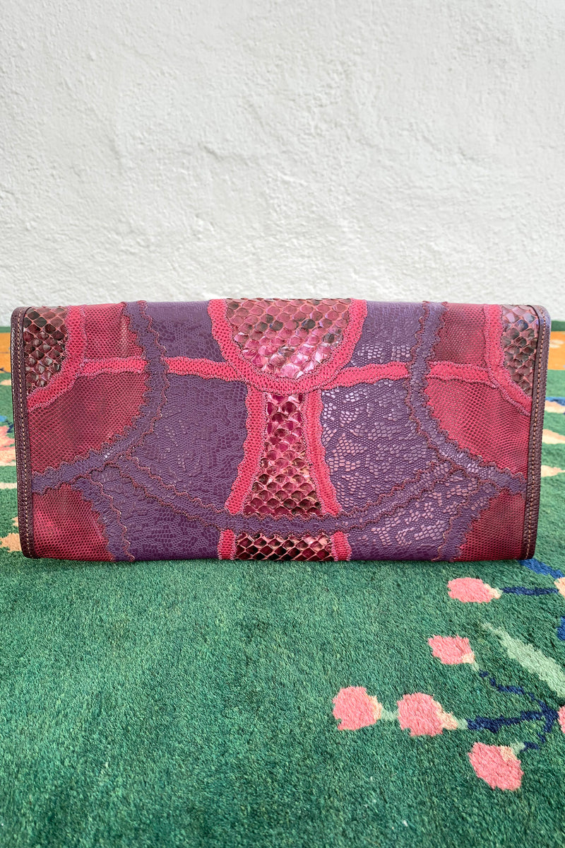 Vintage Carlos Falchi Pink Purple Lizard Snake Patchwork Clutch Back at Recess Los Angeles