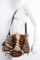 Vintage Carlos Falchi Tiger Print Animal Hair Flap Pouch Bag on Mannequin Front at Recess LA