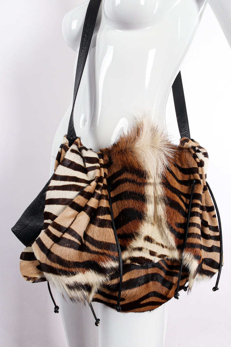 Vintage Carlos Falchi Tiger Print Animal Hair Flap Pouch Bag on Mannequin Front at Recess LA