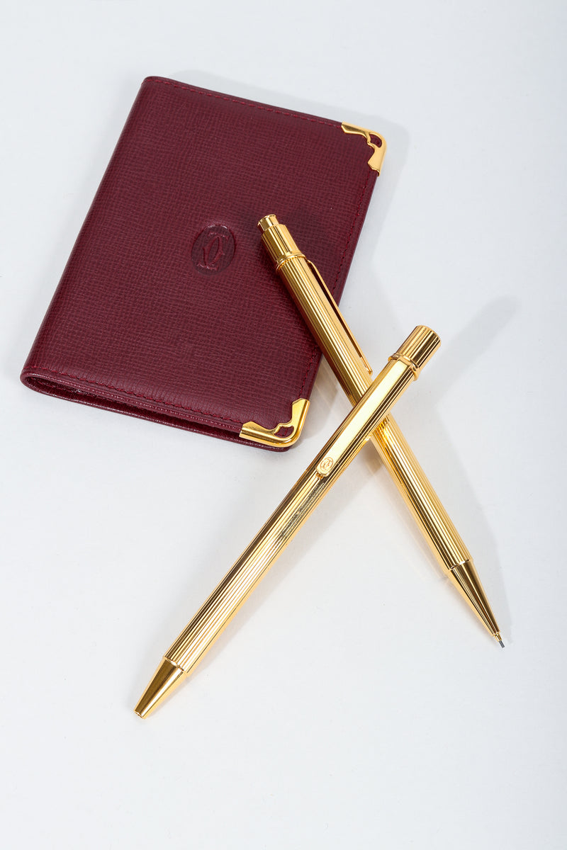 Vintage Must de Cartier Oxblood Leather Wallet & Gold Pen Boxed Gift Set