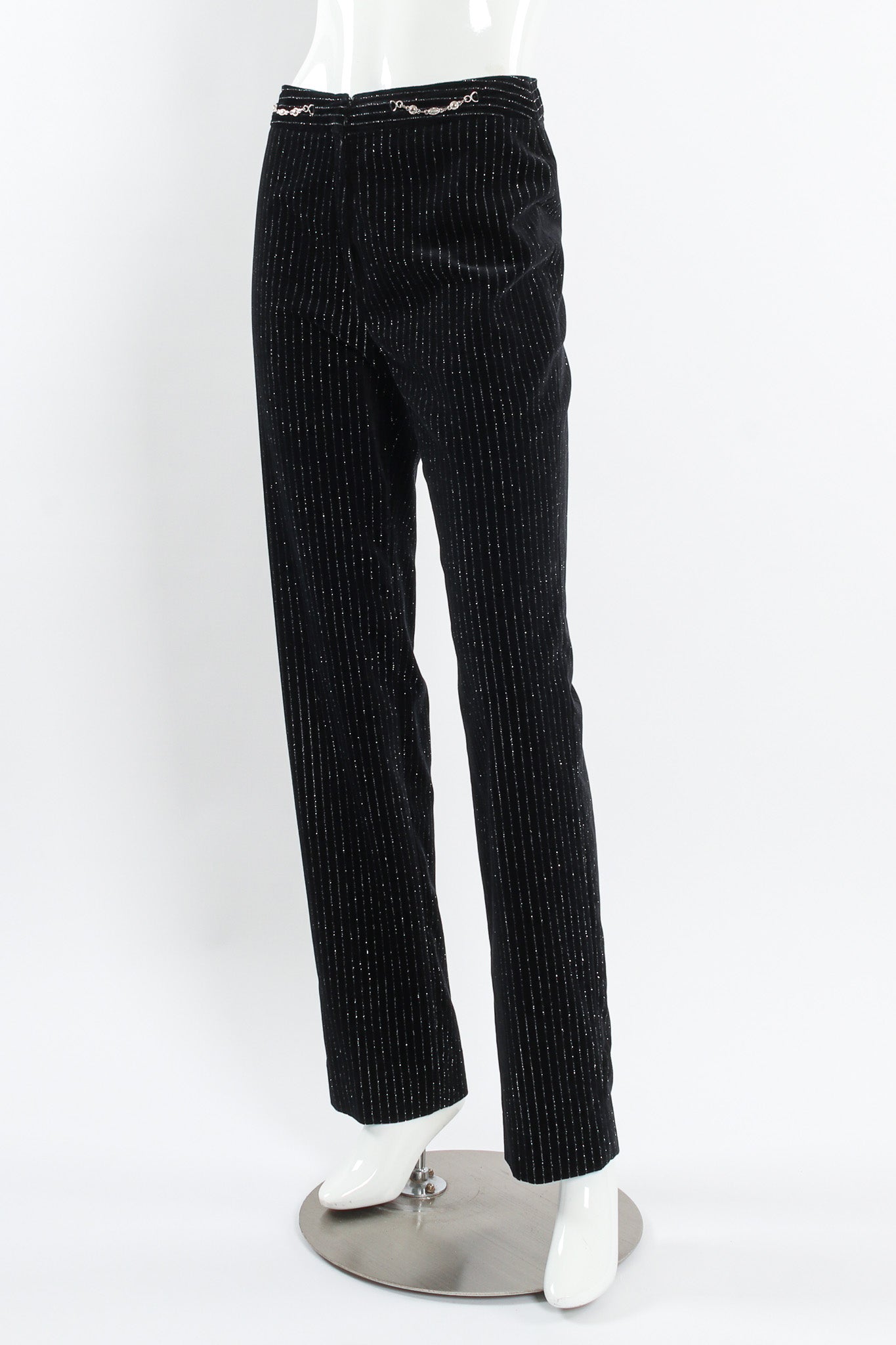 Vintage Celine Metallic Pinstripe Velvet Pant mannequin front angle @ Recess LA