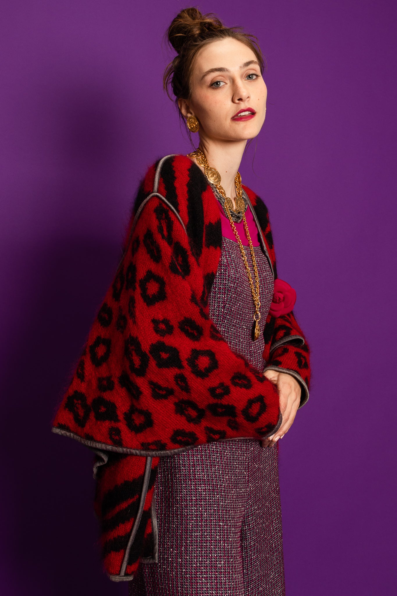 Vintage Escada Mixed Animal Print Mohair Sweater on Model Emily @ Recess LA