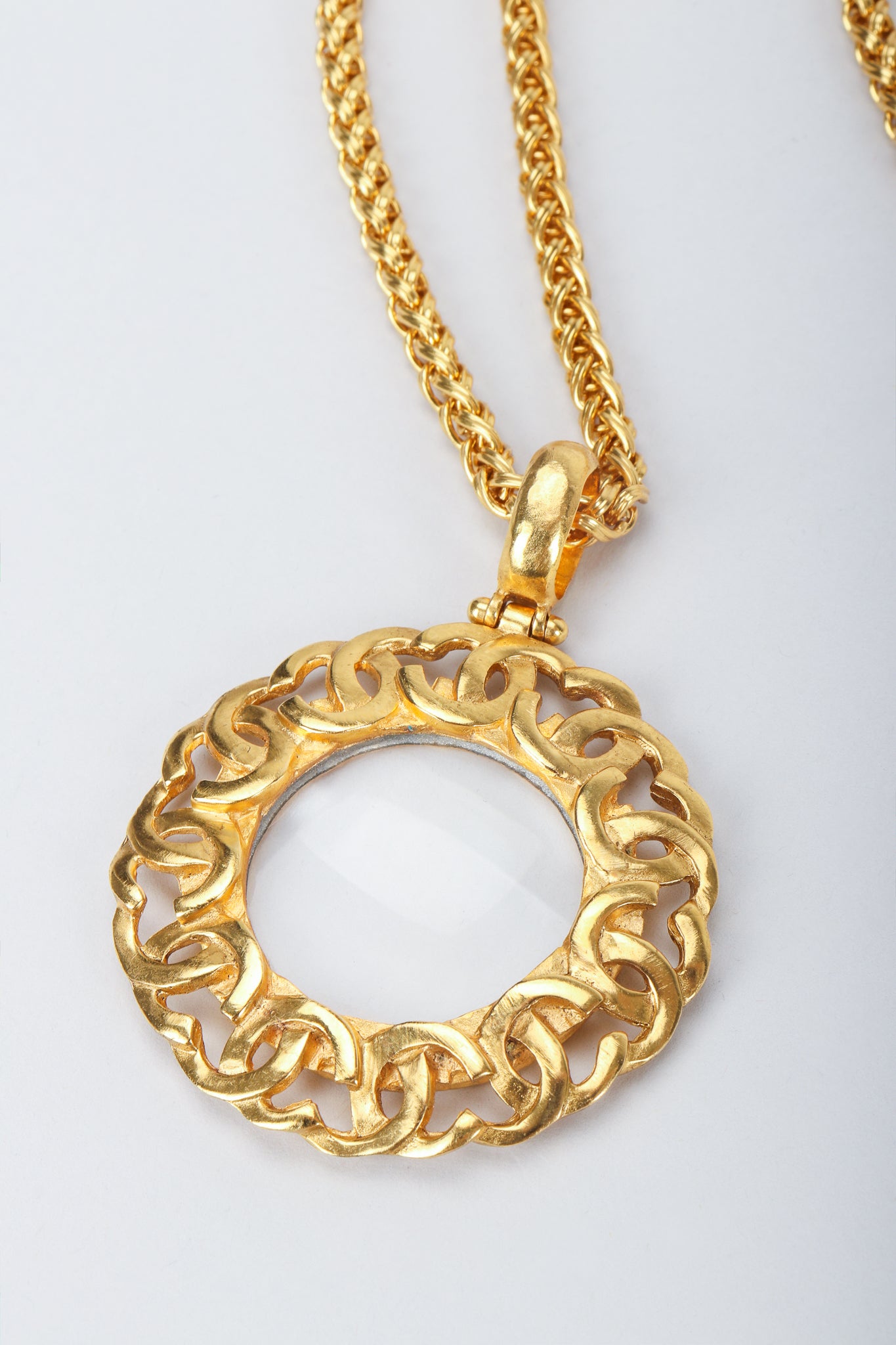 Vintage Chanel Gold CC Logo Magnifying Glass Pendant Detail