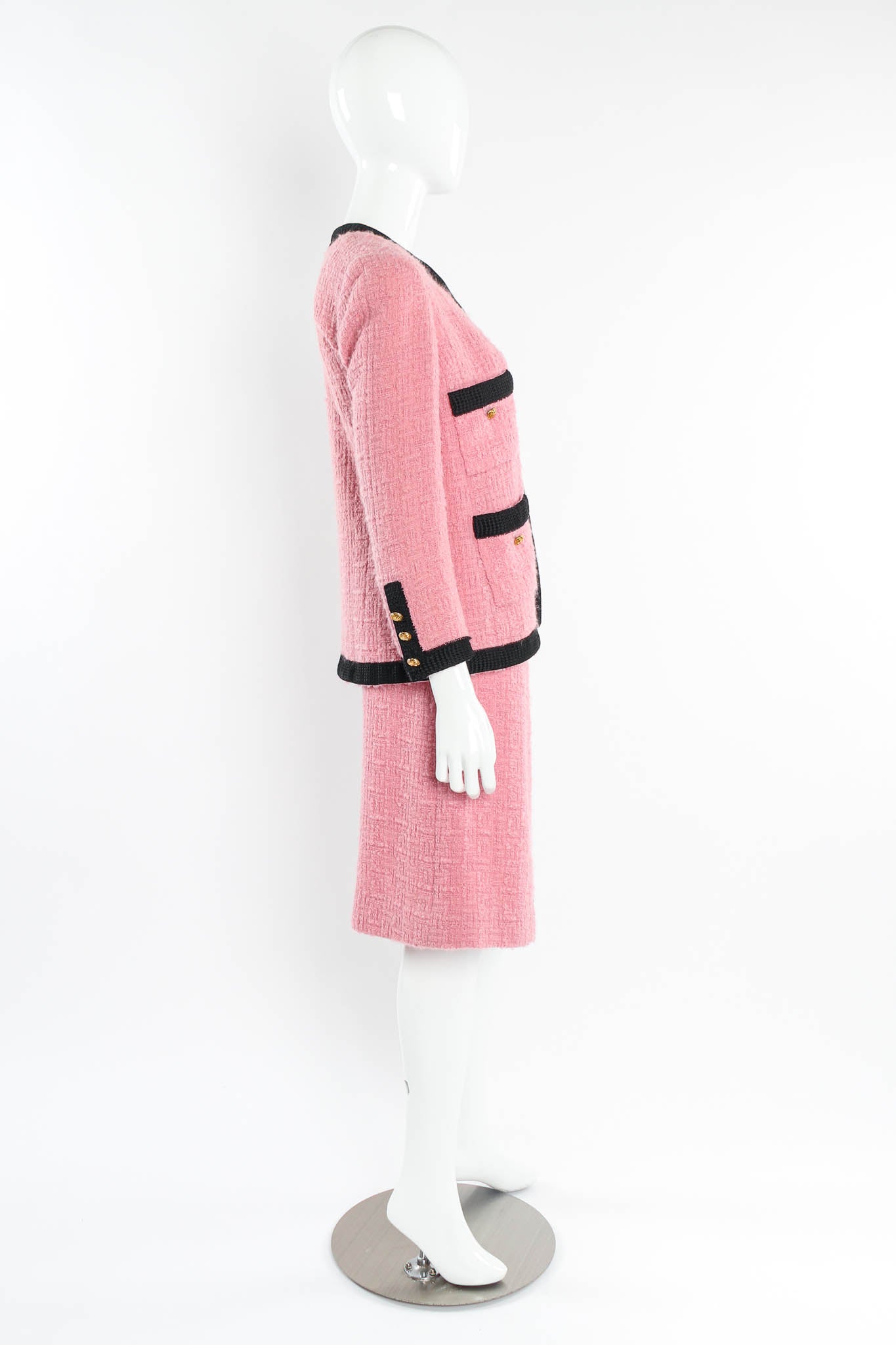 Vintage Chanel Boucle Jacket & Skirt Set on Mannequin Side at Recess LA