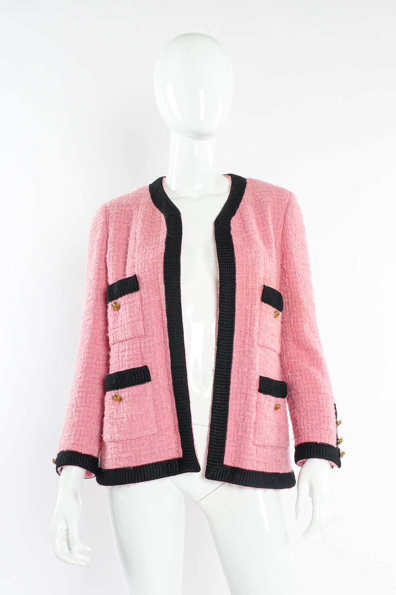 Vintage Chanel Boucle Jacket & Skirt Set on Mannequin Jacket Front at Recess LA