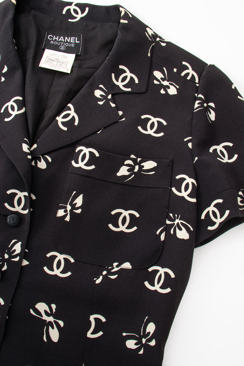 Vintage Chanel 1997 Cruise Bow Butterfly CC Logo Print Dress collar detail @ Recess LA