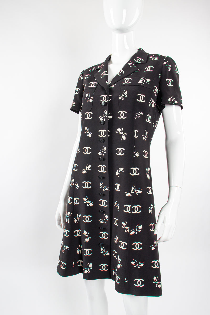 Vintage Chanel 1997 Cruise Bow Butterfly CC Logo Print Dress on mannequin front angle @ Recess LA