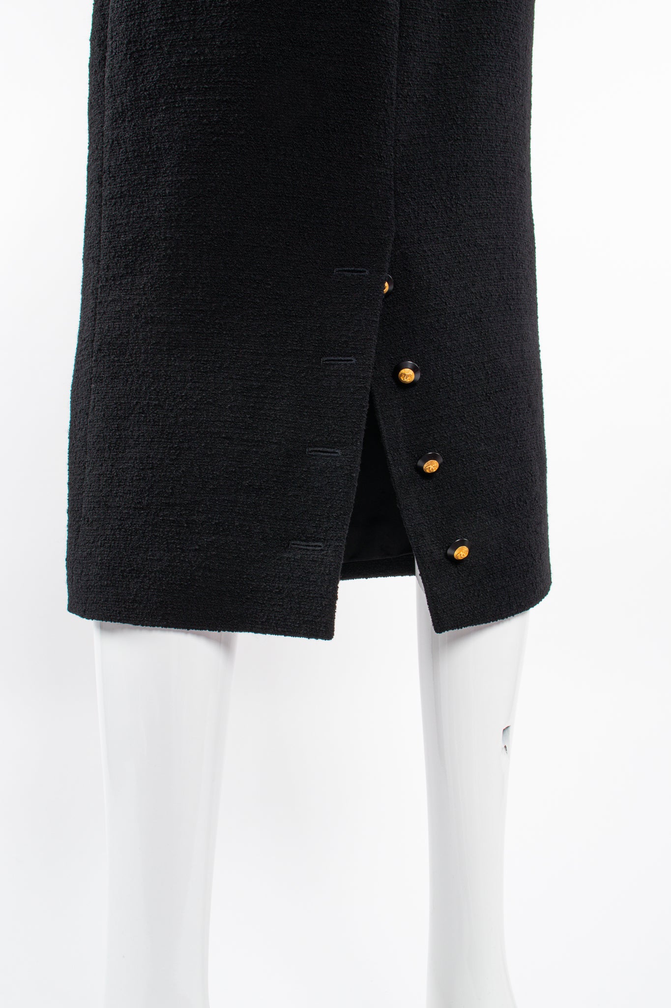 Vintage Chanel 1993 AW Bouclé Midi Pencil Hobble Skirt on Mannequin button vent @ Recess LA