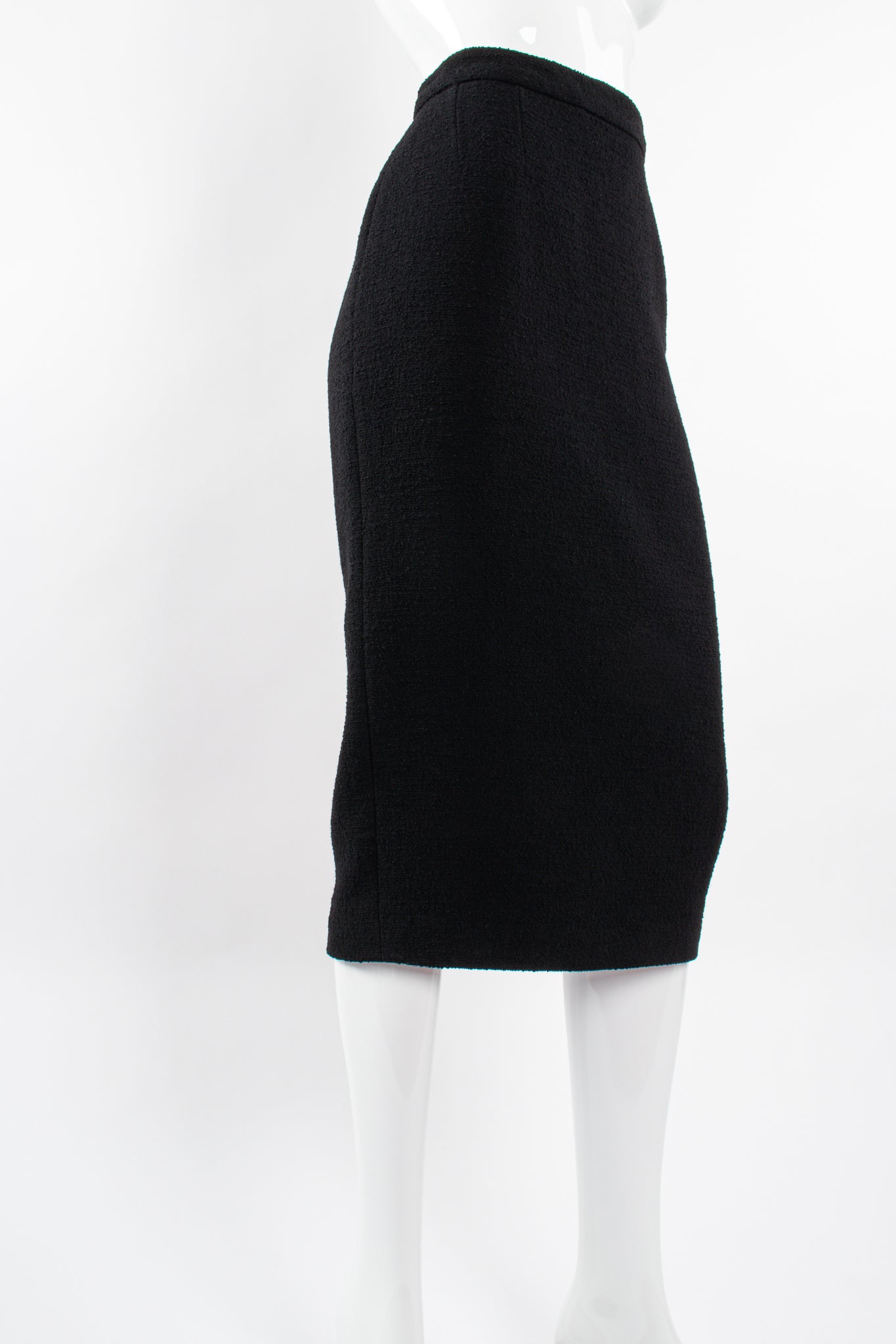 Vintage Chanel 1993 AW Bouclé Midi Pencil Hobble Skirt on Mannequin angle crop @ Recess LA