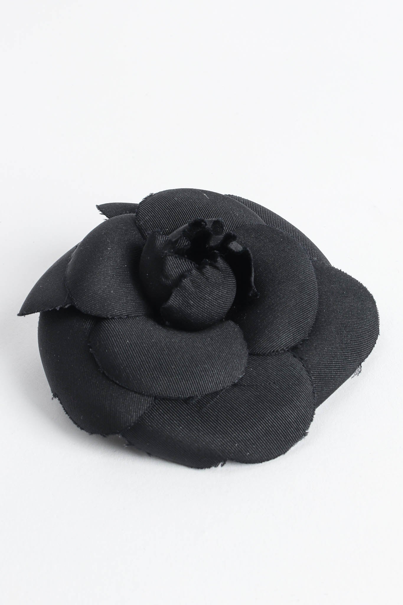 Vintage Chanel Black Camellia Flower Pin I front flat @ Recess Los Angeles