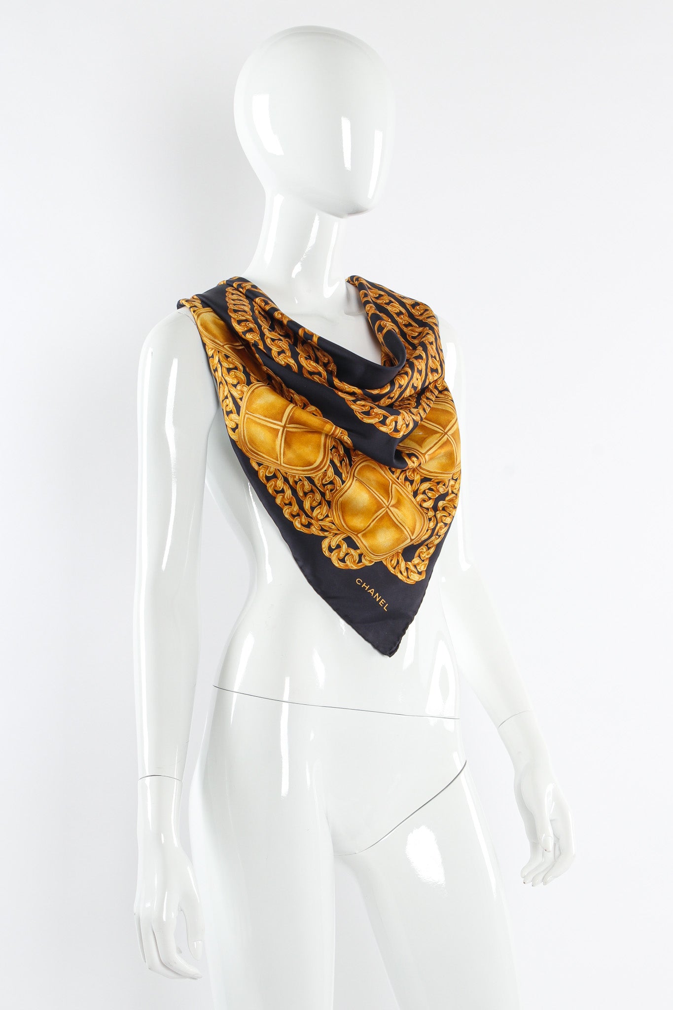 Vintage Chanel Geo Gold Chain Print Silk Scarf mannequin angle @ Recess LA