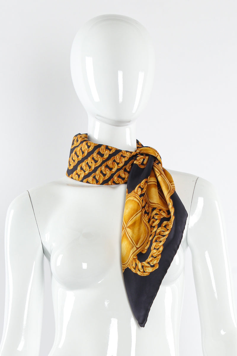 Vintage Chanel Geo Gold Chain Print Silk Scarf on mannequin @ Recess LA