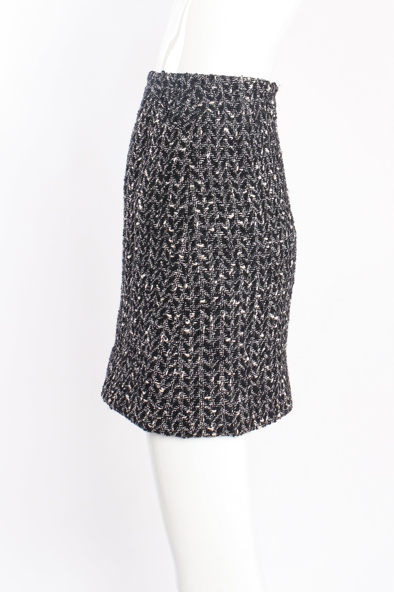 Vintage Chanel 1997A Chevron Tweed Skirt Set on Mannequin side at Recess LA