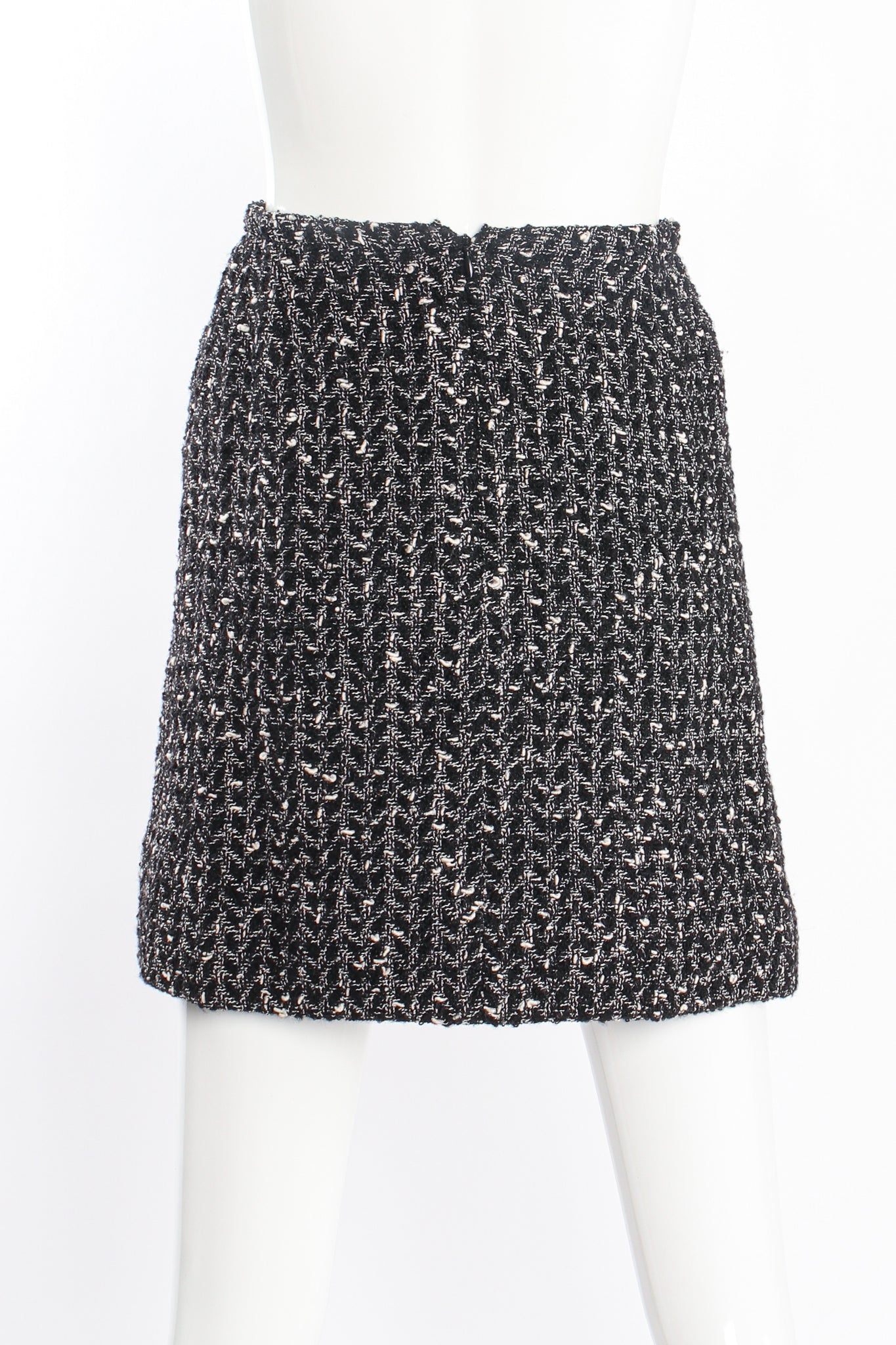 Vintage Chanel 1997A Chevron Tweed Skirt Set on Mannequin back at Recess LA