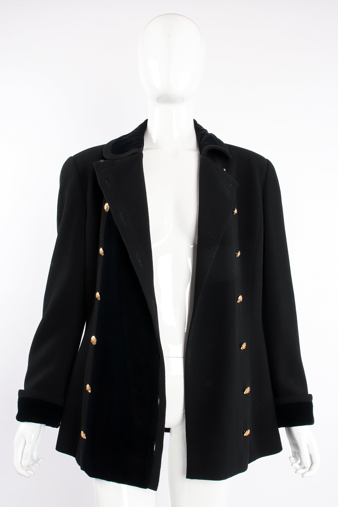 Vintage Chanel Velvet Contrast Uniform Peacoat on Mannequin open at Recess Los Angeles