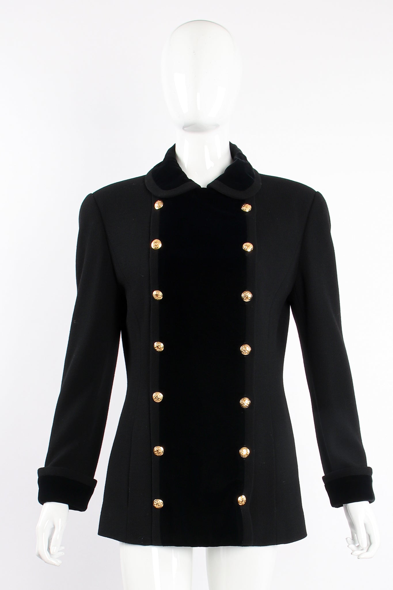 Vintage Chanel Velvet Contrast Uniform Peacoat on Mannequin front at Recess Los Angeles