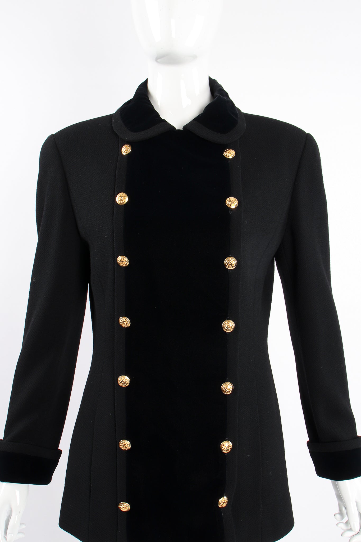 Vintage Chanel Velvet Contrast Uniform Peacoat on Mannequin crop at Recess Los Angeles