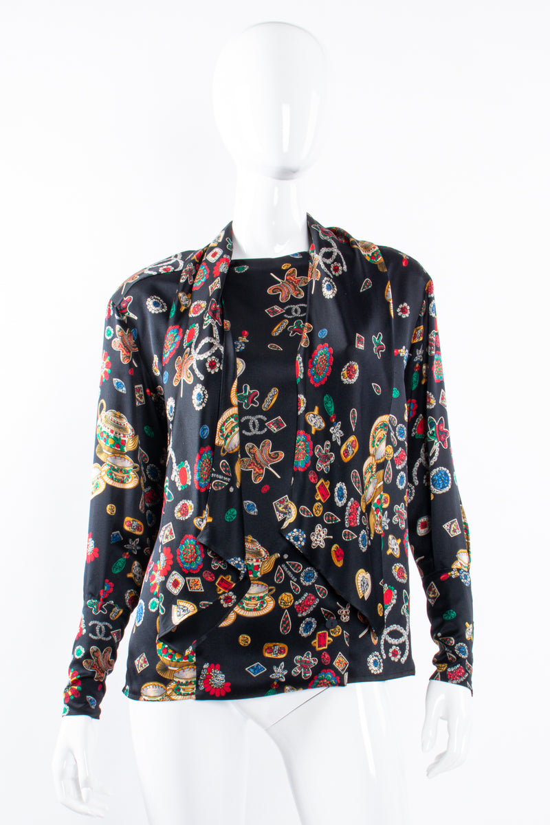 Vintage Chanel Jewel Print Silk Scarf Blouse on Mannequin front at Recess Los Angeles