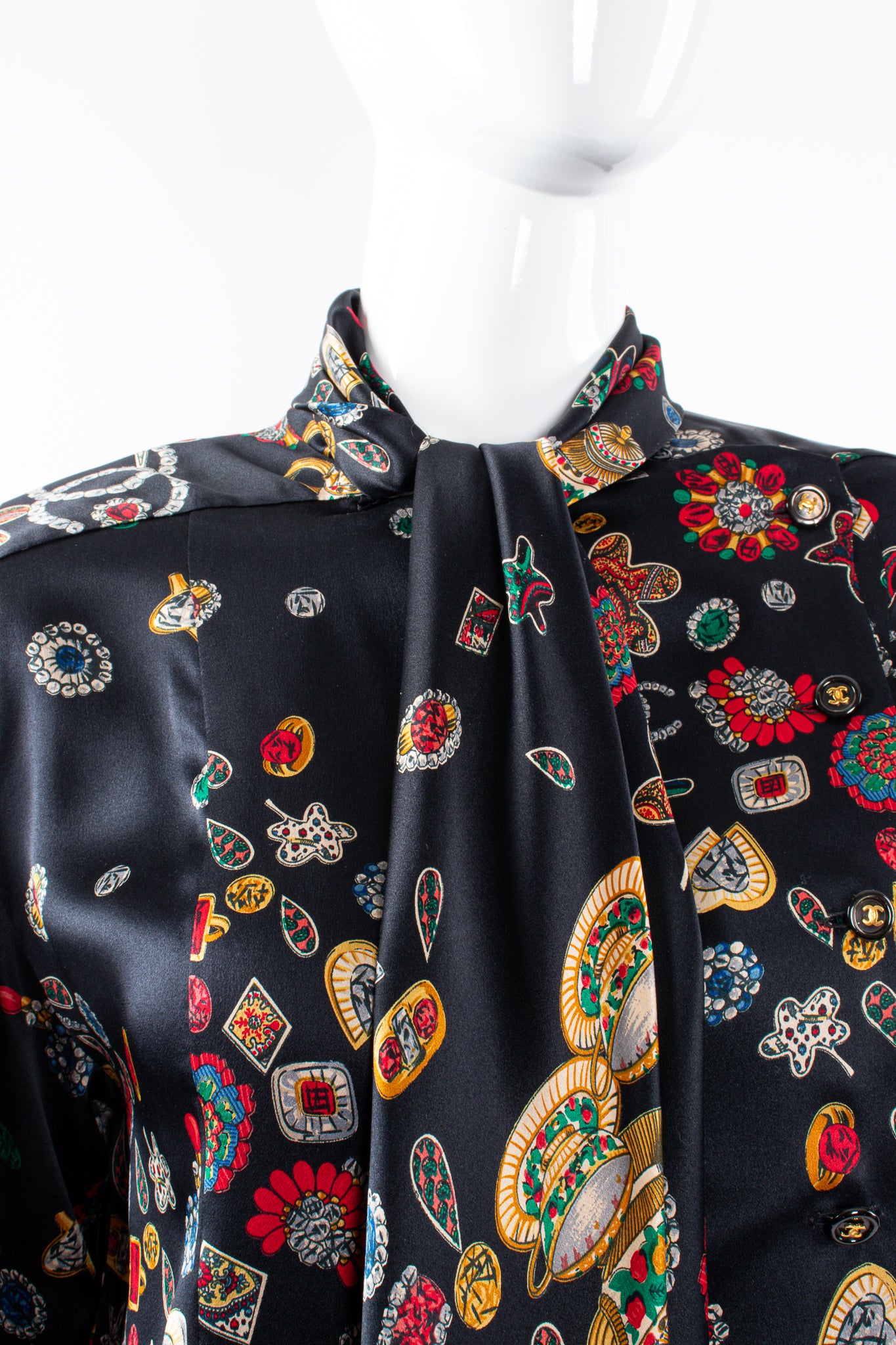 Vintage Chanel Jewel Print Silk Scarf Blouse on Mannequin tie detail at Recess Los Angeles