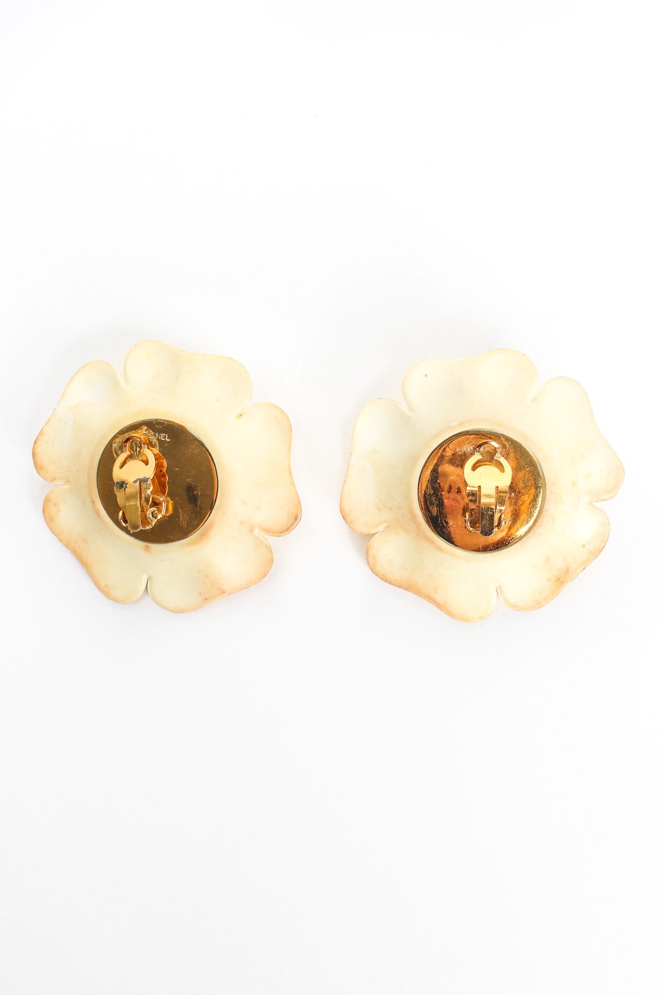 Vintage Chanel 1990s Camellia Flower Earrings back side @ Recess LA