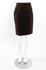 Vintage Chanel Herringbone Tweed Velvet Jacket & Skirt Set on Mannequin front skirt at Recess LA