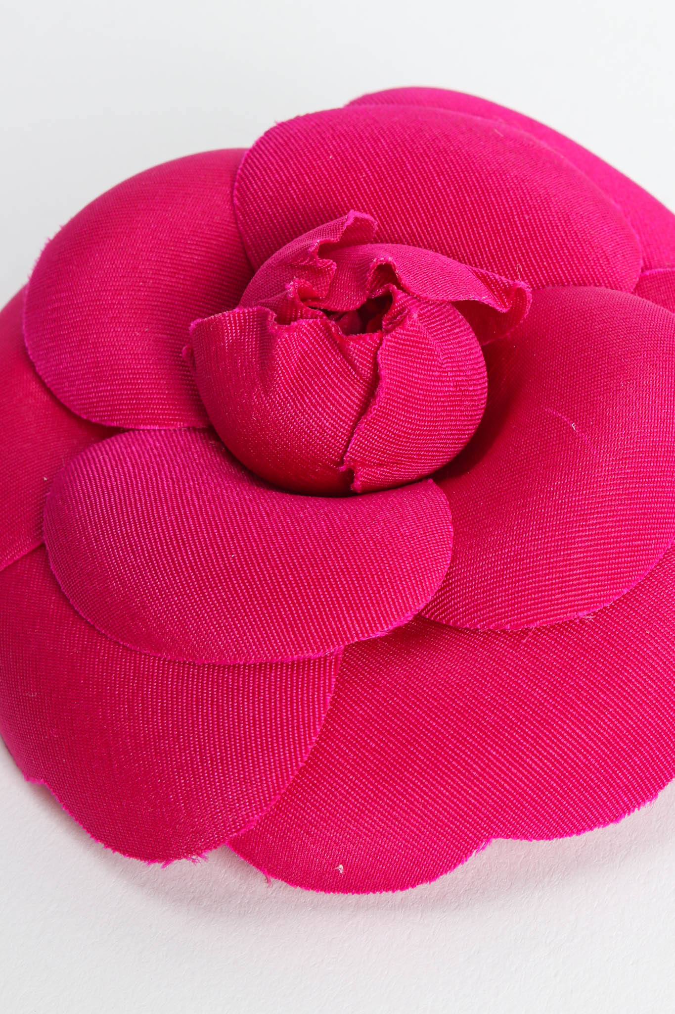 Vintage Chanel Fuchsia Camellia Flower Pin II right side 1 scuff mark @ Recess Los Angeles