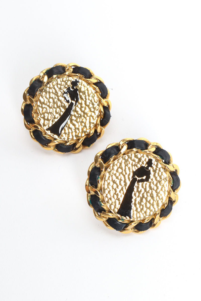 Vintage Chanel 1987 Mademoiselle Silhouette Leather Earrings diagonal front  @ Recess LA